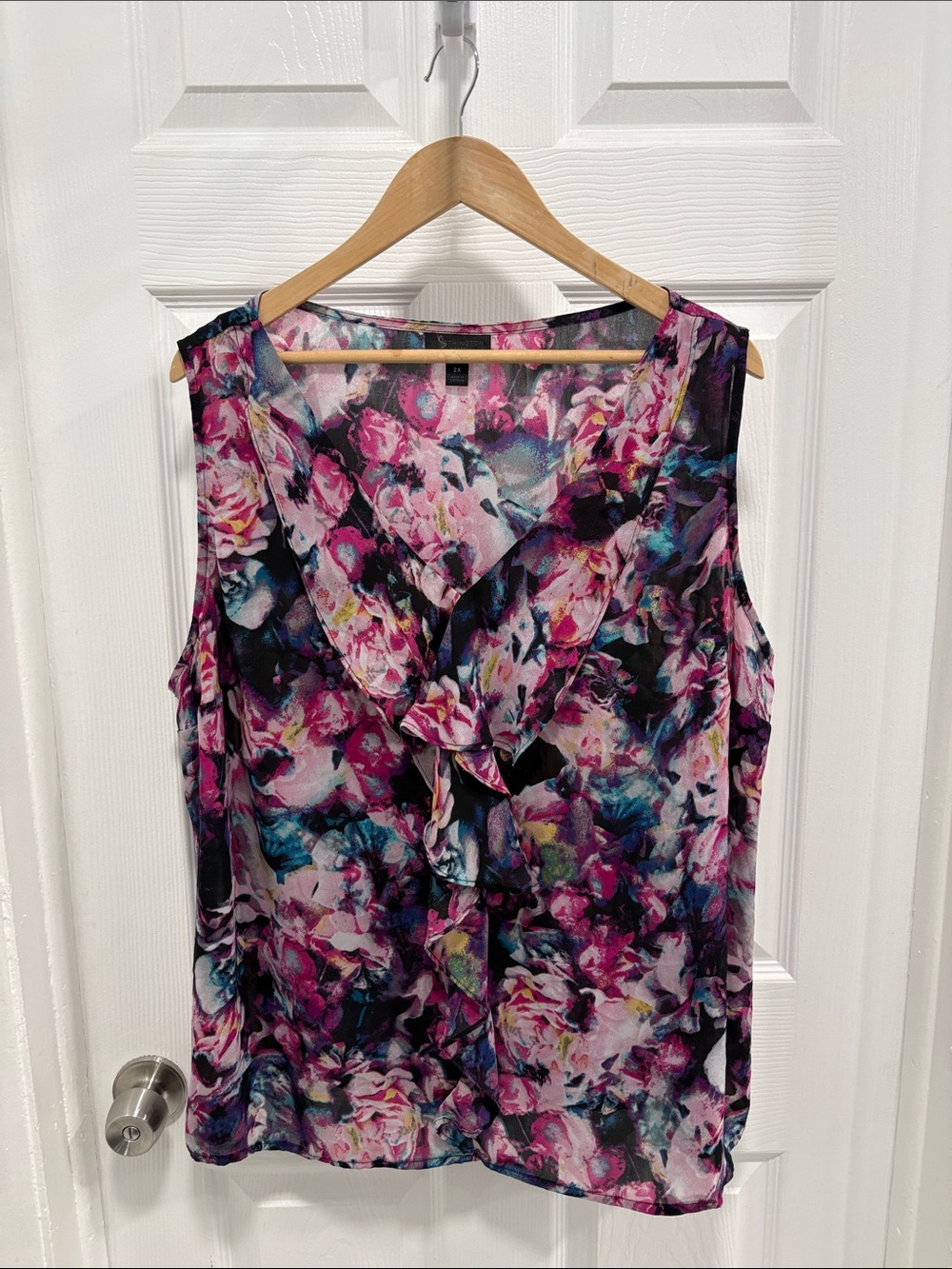Worthington Floral Ruffle V-Neck Sleeveless Camisole - Pink, Blue, Black